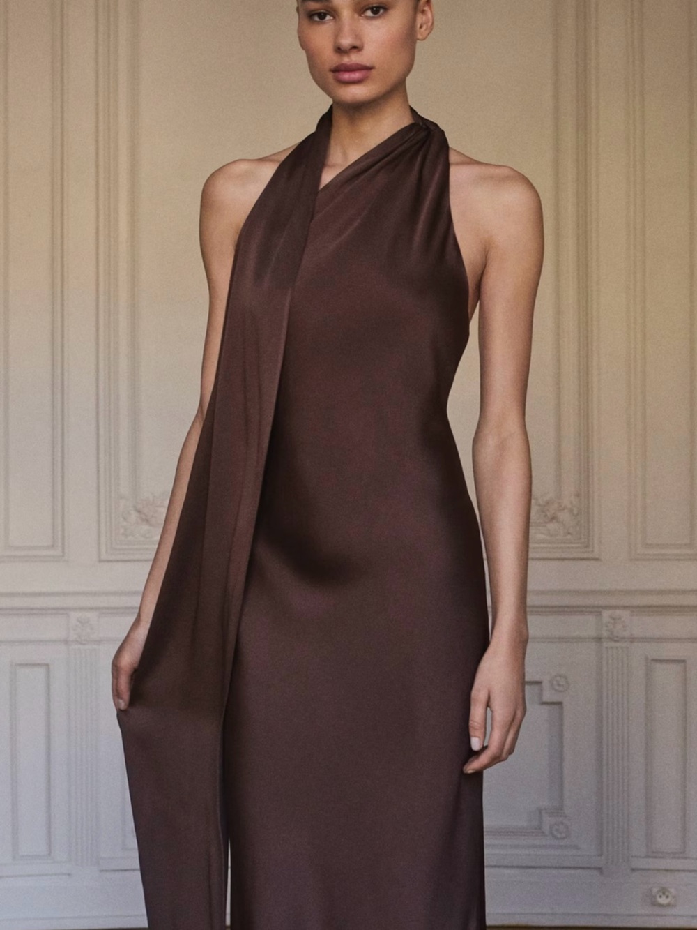 Mango Capsule One-Shoulder Satin Maxi Dress with Neck Scarf - Picture 3 of 9